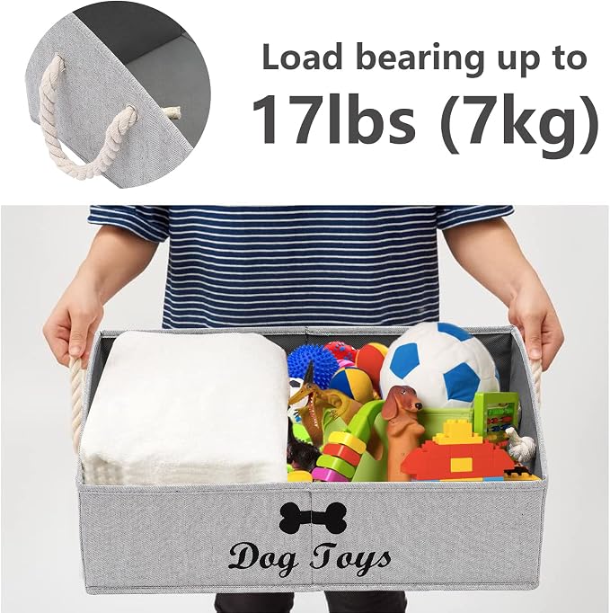 Large Dog Toys Storage Bins-Foldable Fabric Trapezoid Organizer Boxes with Weave Rope Handle,Collapsible Basket for Shelves,Dog Apparel(Striped Gray-Dog)