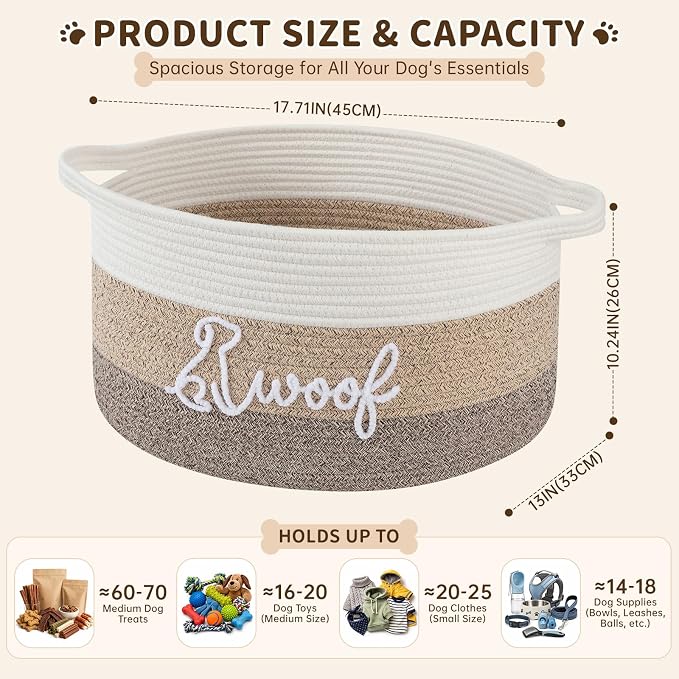 OIAHOMY 30L Large Dog Toy Basket, 17.8"×13"×10" Cotton Rope Basket with Cute Woof Embroidery, Soft Woven Pet Toy Box with Handles for Blankets, Leashes & Puppy Accessories, Decorative Organizer Brown