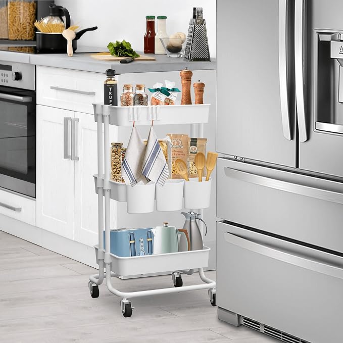 CAXXA 3-Tier Rolling Storage Organizer with 3 Small Baskets - Mobile Utility Cart with Caster Wheels (White)