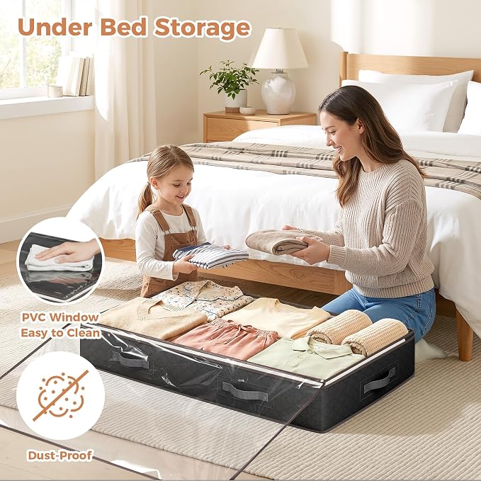 95L Under Bed Storage Containers, 6 Pack Clothes Storage Bins | Foldable underbed storage bins for linen sheets, blanket, clothing, comforter, sweaters, pillows, wrapping paper, black