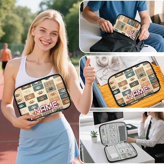 Custom Electronics Organizer Retro Plaid Pet Paw Travel Cable Pouch Large Tech Accessories Case Waterproof Cord Storage Bag for Power Bank Charger Phone Earphone