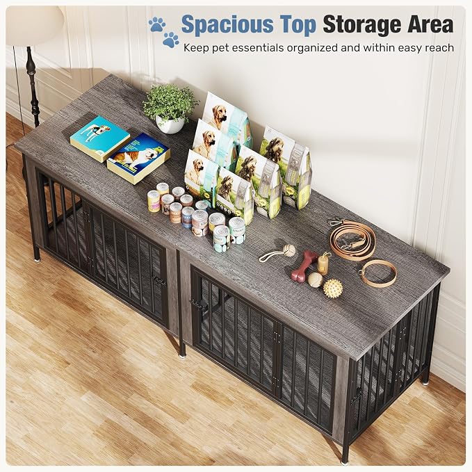 DUMOS 63" Dog Crate Furniture for 2 Dogs with Divider, Gray Wood Grain | Wooden Dog Kennel Furniture, Medium Breed, Center Divider, Double Doors, Heavy Duty Indoor Dog Cage, TV Stand, Side Table