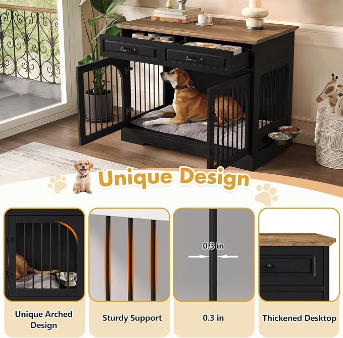 Merax 43.3" Farmhouse Dog Crate Furniture with Rotating Bowls & Drawers – Wooden Indoor Pet Kennel Side Table with Metal Bars – Stylish Dog House for Medium to Large Breeds, Black & Brown