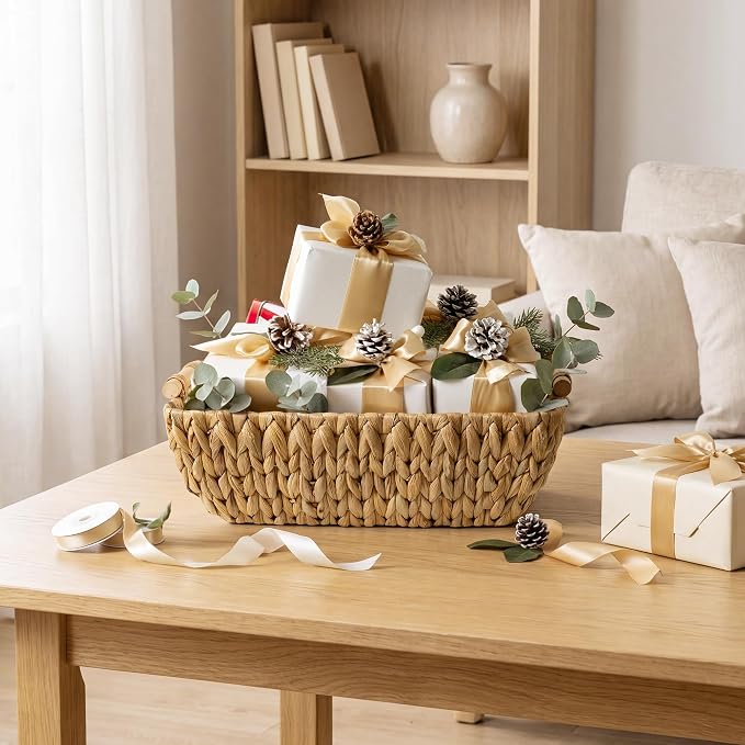 StorageWorks Hand-Woven Storage Baskets with Wooden Handles, Water Hyacinth Wicker Baskets for Organizing, 2 Pack | Wicker Storage Baskets for Shelves, Baskets with Wooden Handles, 2-Pack Gifts Basket for Home Decor, Hand-Woven Basket