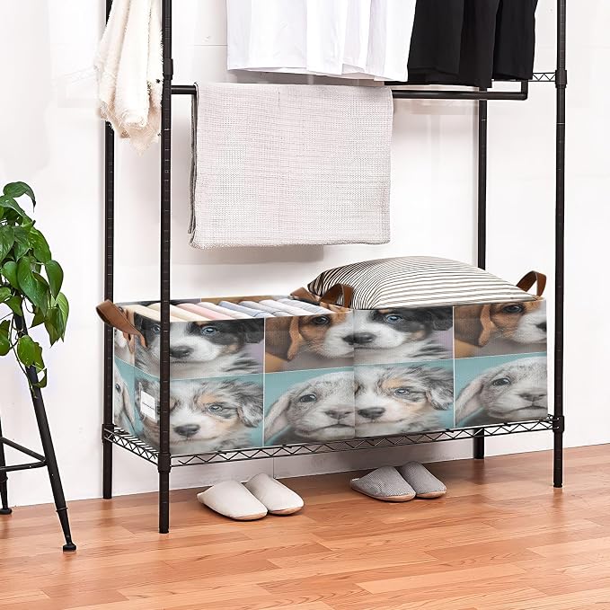 Adorable Pets Dogs Storage Bins Under Bed Cute Foldable Storage Basket with Handles Collapsible Box Organizer with Metal Frame for Closet Cabinet 2PCS