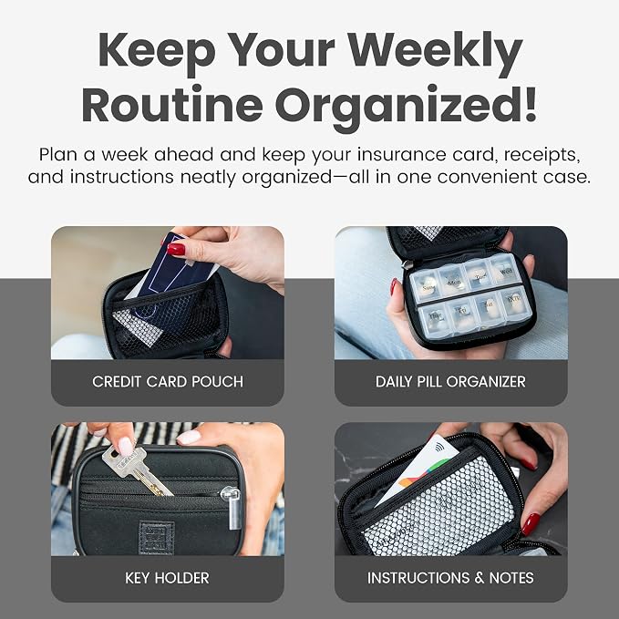 Made Easy Kit Pill Case for Everyday and Travel - 7-Day Weekly Medicine Supplement Vitamin Organizer Sorter Tracker - Neoprene Bag with Pockets - Compact Portable 8 Compartments (Black)