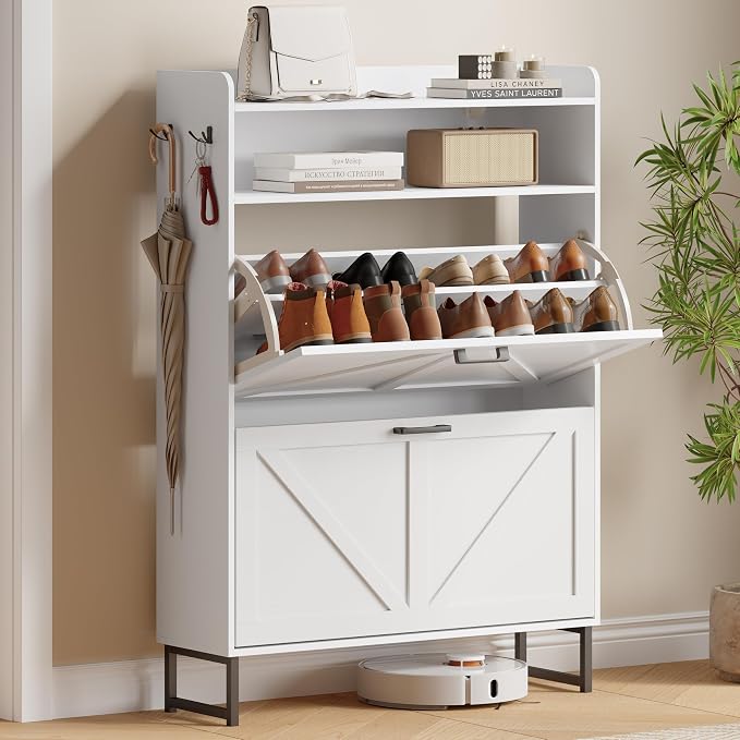 Xixini Shoe Storage Cabinet with 2 Flip Drawers, Entryway Shoe Rack, White | Freestanding Narrow Shoe Storage, Hidden Slim Wood Shoe Organizer, Modern Farmhouse, Open Storage & Hooks for Closet, Hallway