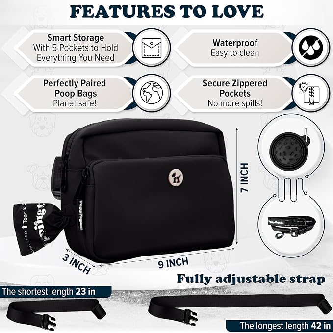 Puppington 3-in-1 Crossbody Dog Treat Pouch for Pet Training - Compostable Poop Bags, Built-In Poop Bag Dispenser, Slow-Feeding Travel Dog Bowl & Reflective Leash - Dog Walking Bag (Onyx Black)