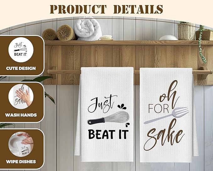 Kitchen Towels Set of 2, Egg Beater Fork Dish Towel for Kitchen, Decorative Hand Towels for Bathroom, Fast Drying Tea Towel with Funny Sayings, Housewarming Xmas Gifts for Women Mom -B19