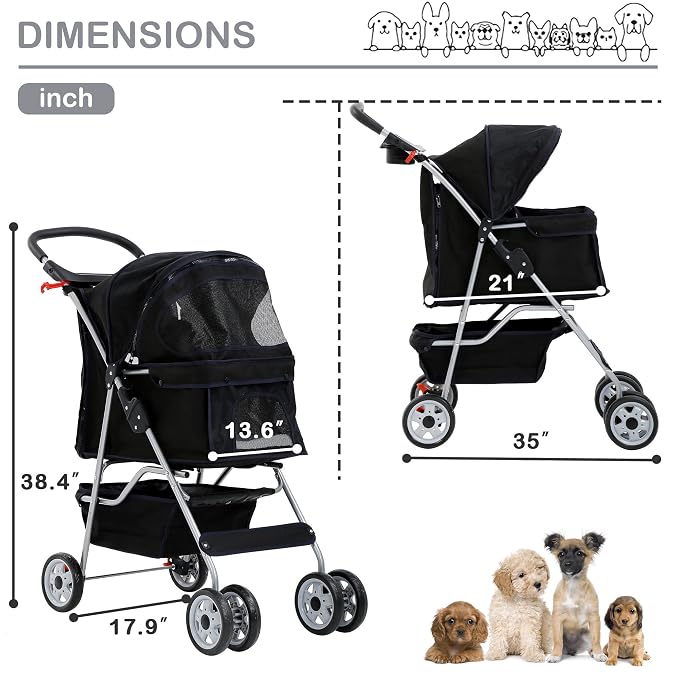 Pet Stroller,4 Wheels Dog Stroller with Storage Basket,Compact Portable Folding Carrier for Travel,Camping,Dog Carrier for Small Medium Dogs Or Cats,Lightweight Waterproof Pet Stroller,Black