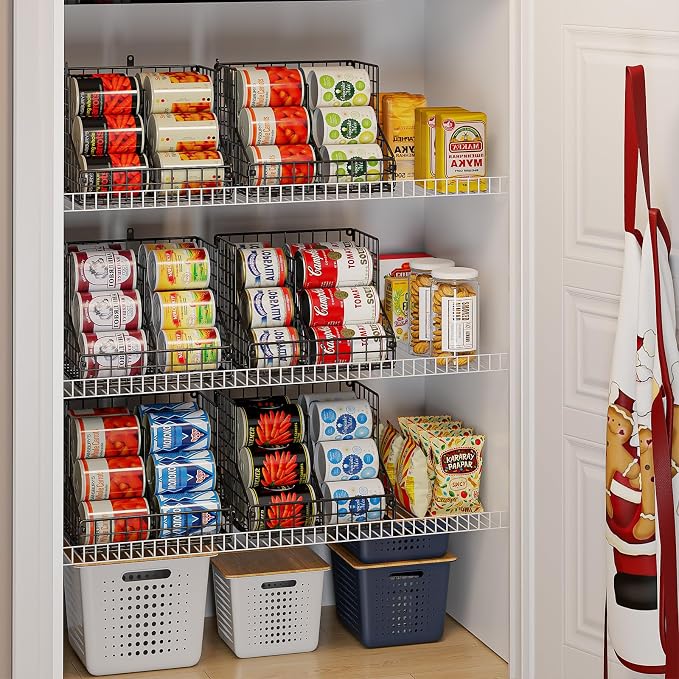 Stackable Can Organizer for Pantry with 2 Adjustable Dividers, Soda Can Organizer, Can Storage Dispenser Holds up to 28 Cans, 2 tier Metal Wire Baskets Can Holder for Kitchen Cabinet Pantry, Black