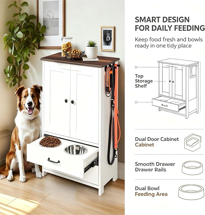 Wooden Dog Feeding Station Cabinet with Pull-Out Feeder Drawer, 2 Stainless Steel Bowls, Large Storage Cabinet & 3 Leash Hooks, Pet Food Organizer for Home Living Room Kitchen