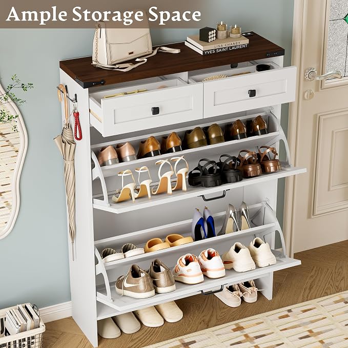 BORNOON Shoe Cabinet with Odor Control Deodorizer and Back Panel, Farmhouse Narrow Shoe Storage Cabinet Rack for Entryway with 2 Flip Drawers and 2 Top Drawers, Adjustable Shelves, Side Hooks