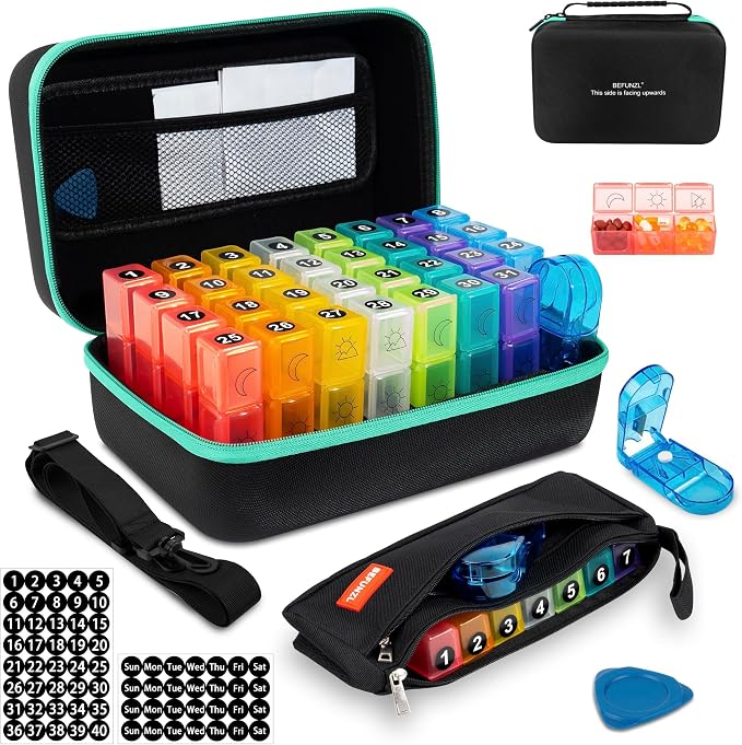 Monthly Pill Organizer, Medicine Organizer Box with Portable Hard Shell and Pill Cutter, 31 Day Pill Holder with Weekly Pill Bag (Green, 3 Times a Day)