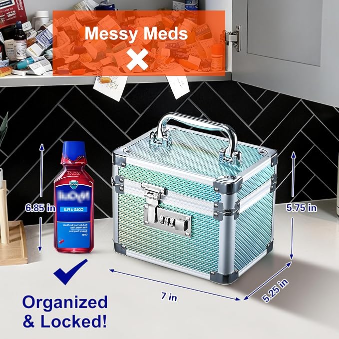 Lockable Medicine Storage Box - Shiny Turquoise Cabinet Med Lock Organizer, 7 * 5.25 * 5.75 Inches Safe Case with Combination Lock for Home, Dorm, Office, or Travel - Mini Size