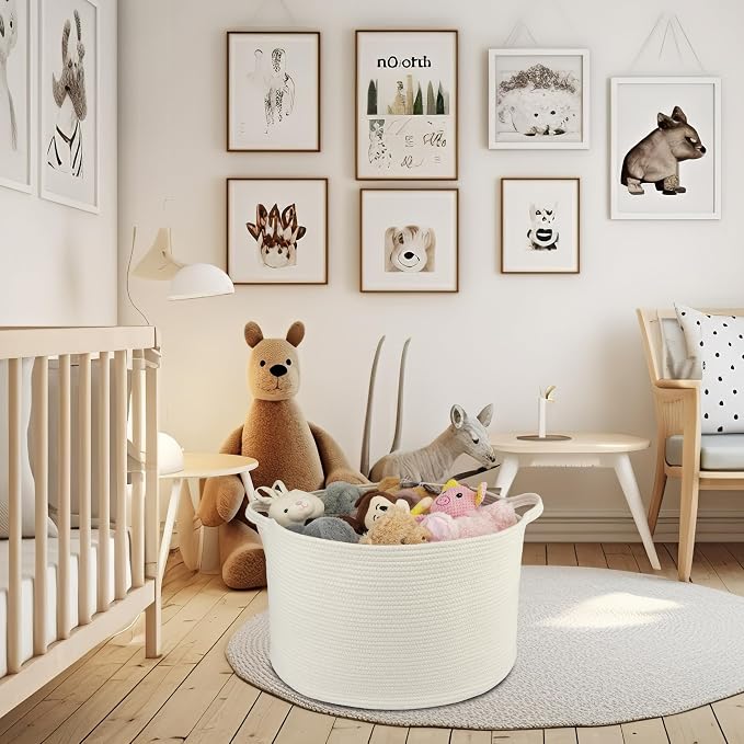 XUANGUO Extra Large Cotton Rope Round Storage Basket 22" x 14" White | Woven basket for blankets, toys, towels, laundry, nursery, living room and pet toy storage.