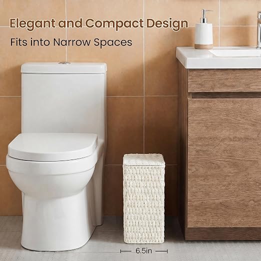 Wicker Trash Can,3 Gallon Bathroom Trash Can with Lid,Handwoven Paper Rope Rattan Waste Basket with Removable Liner and Built-in Handles for Bedroom,Toilet,Narrow Spaces,White
