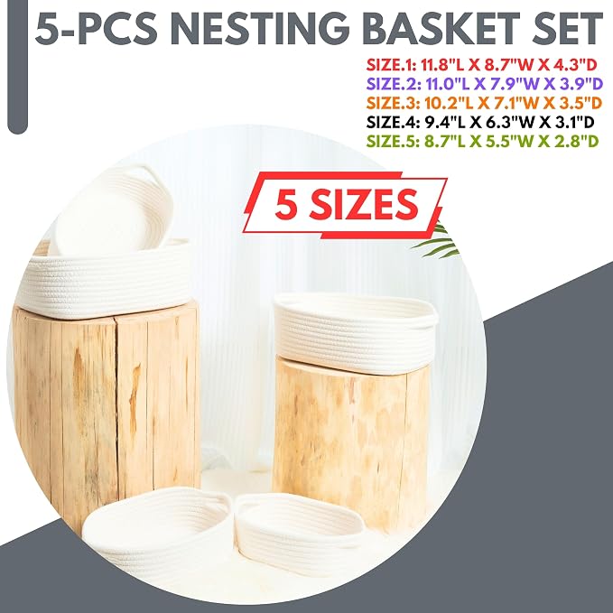 5-Piece Small Decorative Woven Storage Baskets Set for Shelves, Bathroom, Pantry and Nightstand Organizer, Catch All Tray for Organizing Gifts, Dog and Cat Toys, Creamy White