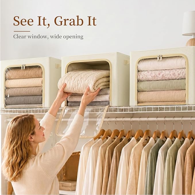 GoMaihe Clothes Storage Bins with Metal Frame for Blanket 3 Pack 66L Beige | Closet Top Shelf Linen Closet, Winter Clothing Bedding Comforters, 3 Side Access Stackable Collapse-Proof See Through Window