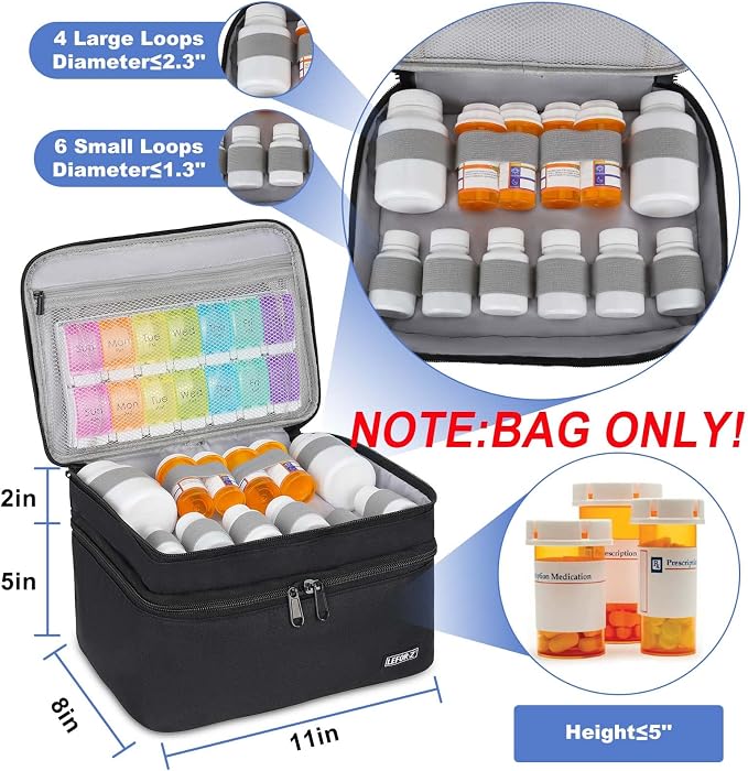 LEFOR·Z Medicine Storage Bag,Double Layers Pill Bottle Organizer Bag Empty | Medical Supplies Bag with Lockable Zipper & Adjustable Divider,Medication Travel Carrying Bag for Pills,Vitamins,Black