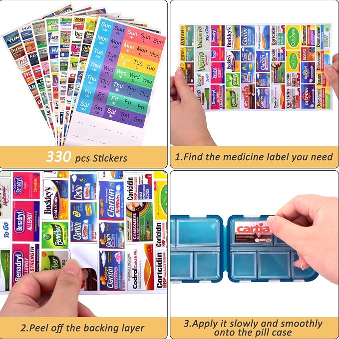 2 Pcs Travel Pill Organizer with Labels, Portable Travel Medicine Daily Pill Container Organizer 7 Day Pill Case Storage Vitamin Fish Oil (Blue & Red, 320 Medicine Lables)