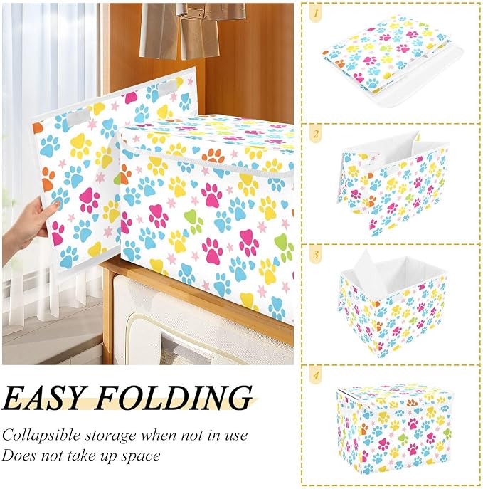 Storage Bins with Lid Bright Paw Print Foldable Storage Boxes 40L Baskets | Decorative Storage Boxes, Dust-Proof Flip Top, Reinforced Handles, For Home & Bedroom, Clothes & Toy Box, Oxford Fabric Print