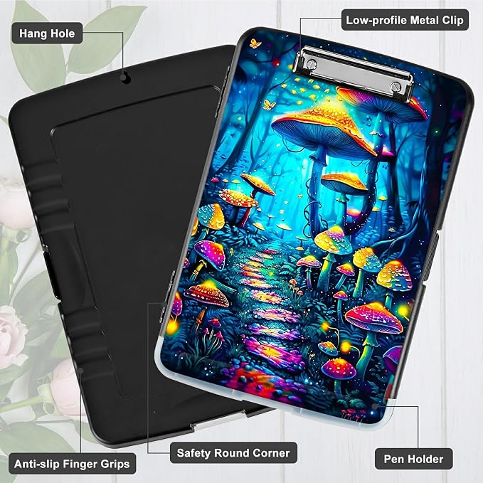 Blue Forest Mushroom A4 Clipboard with Storage Pen Holder, Clipboards Organizer Nursing Clipboard Foldable File Folder Plastic Clipboard Folio Clip Board for Office Students Classroom