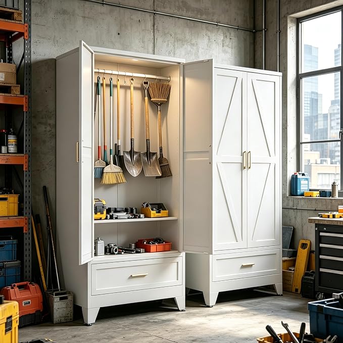 71" H White Storage Cabinet with Doors,Metal Storage Cabinets,Garage Cabinet,Broom Closet Storage Cabinet,Utility Cabinet