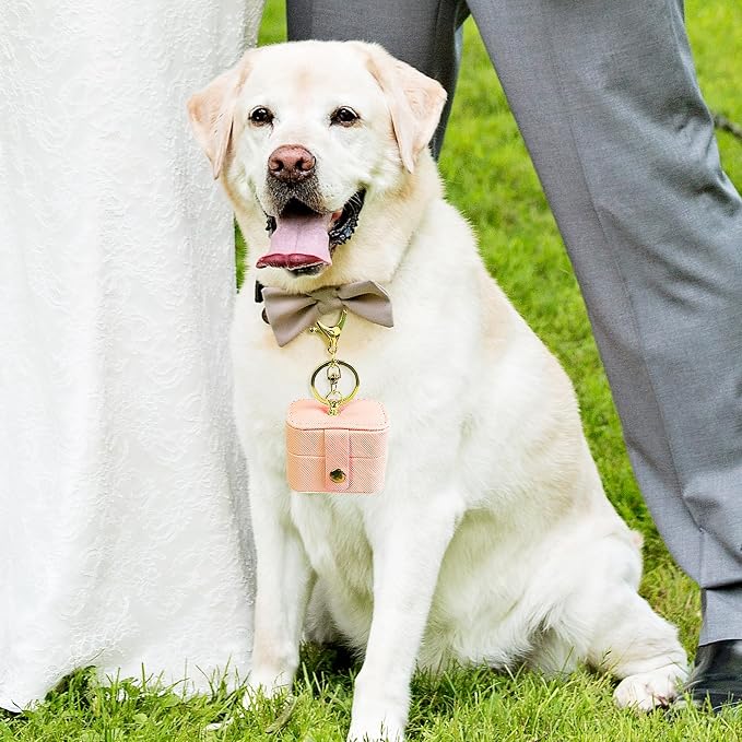 Ring Bearer Pillows for Dog Collar, PU Leather Wedding Ring Pillow Box for Pet, Mini Ring Holder Pouch Box, Earrings Storage Box for Proposal Engagement Wedding Ceremony Party (Peach Pink)