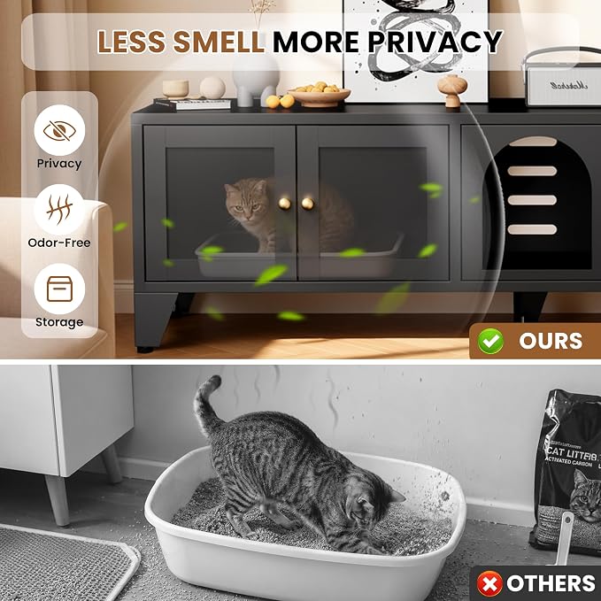 Cat Litter Box Enclosure for 2 Cats, 58" Long Metal Pet House Washroom Dog Proof Furniture, Double Hidden Little Box Cabinet, Living Room TV Stand Table, Indoor Cat House, Assembly Required