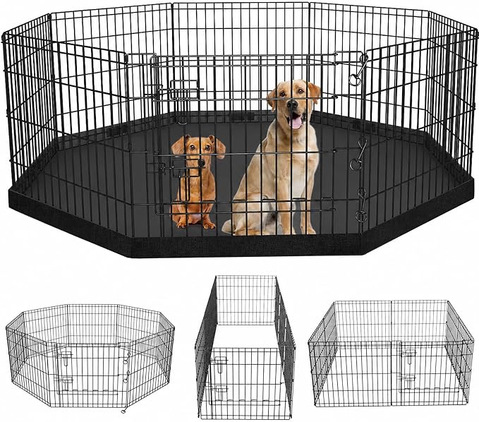 PETIME Foldable Metal Dog Exercise Pen/Pet Puppy Playpen Kennels Yard Fence Indoor/Outdoor 8 Panel 24" W x 30" H with Bottom Pad