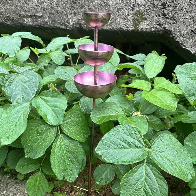 Rain Catcher Bird Bath 3-Tier, Rain Catcher Garden Stake, Antique Bronze Metal Water Bowls Bird Bath and Bee Watering Station with Soil Post for Lawn Edge,Flower Bed, and Open Yard Display