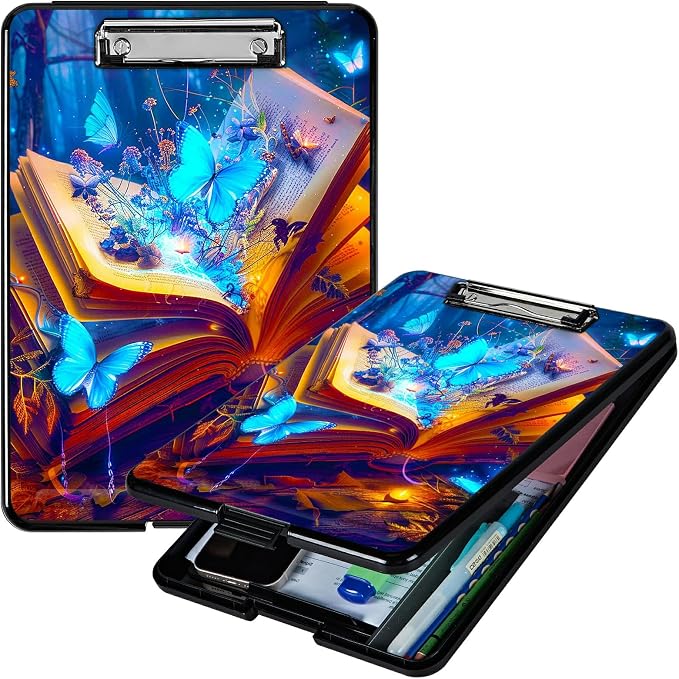 Book Blue Butterfly A4 Clipboard with Storage Pen Holder, Clipboards Organizer Nursing Clipboard Foldable File Folder Plastic Clipboard Folio Clip Board for Office Students Classroom Doctor