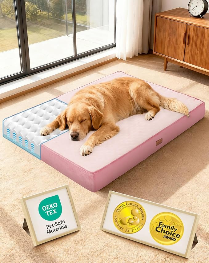 OhGeni Orthopedic Waterproof Large Dog Bed, Memory Foam, 44 inch(Pink) | Machine-Washable Removable Cover in Easy-Clean Fabric, Reversible Memory Foam & Easy-Carry Handle, Wider and Larger
