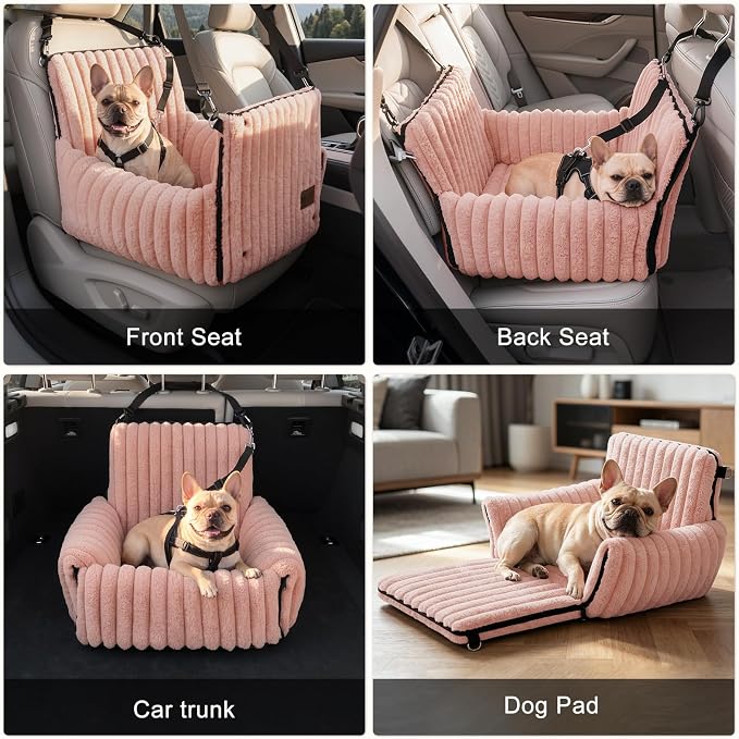 MIXJOY Dog Car Seat for Small/Medium Dogs up to 23 lbs, Multi-Functional Dog Carrier for Car with Detachable Washable Cover, Pet Travel Bed with Clip-On Safety Leash, Pink