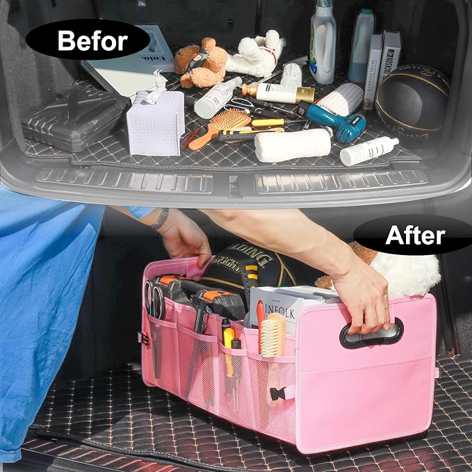 Car Trunk Organizer, Collapsible Car Organizers and Storage Large Pink | Sturdy, Strong Capacity, Clean Decor, Multi Compartment Container Box, Adjustable Car Accessories for SUV Sedan Truck