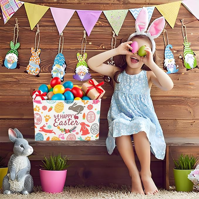 Easter Basket for Kid Large Empty Rectangular Cute Easter Gift Storage Basket Bunny Eggs Décor (Rabbit Bohemia)