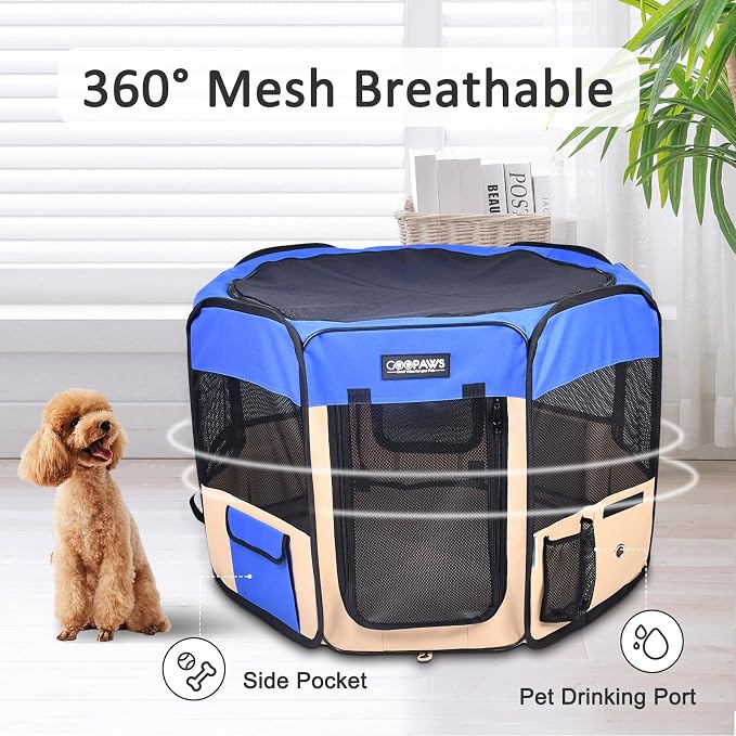 Jespet Soft Dog Playpen, Portable Pet Exercise Pen Kennel with Carry Bag | 2-Door, Easy to Fold, Ground Stakes, Zipper Locks, Large Storage Pocket, Washable Top Mesh Cover & Bottom Cover