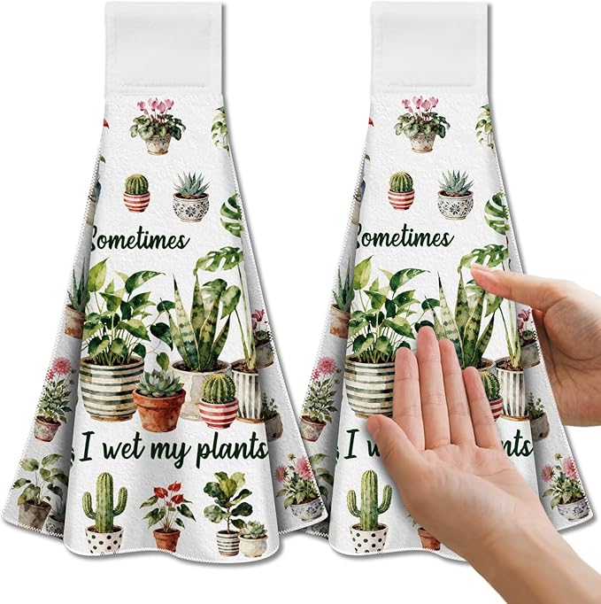 CUTHOLLOW Potted Plants Hanging Kitchen Towels with Loop, Set of 2 - Soft & Super Absorbent Microfiber Decorative Hanging Dish & Hand Towel, Tea, Coffee Towel for Kitchen Bathroom Oven Handle