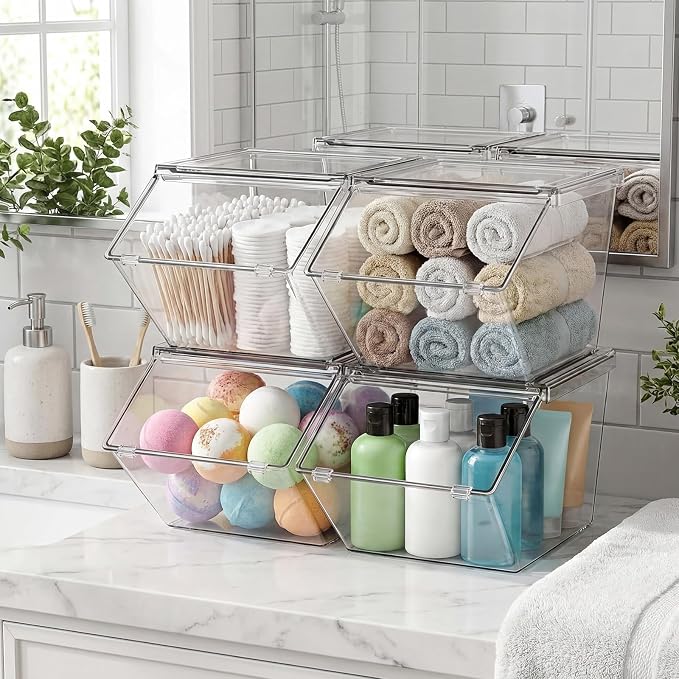 Yerliker 16 Pcs Clear Plastic Storage Bins with Lids Large Stackable Pantry Storage Organizer Bins Kitchen Organization Cabinet Organizers Ideal Containers for Fridge Kitchen abinets Bathroom