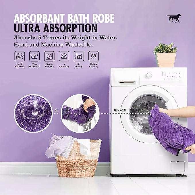 Tuff Pupper Fast Drying Dog Bath Robe | 800 GSM Plush Dog Towel Bathrobe/Dressing Gown | Super Absorbent Pet/Puppy Bathrobe | Adjustable Hood & Belly Strap | Super Soft | Fast Drying (M, Purple)