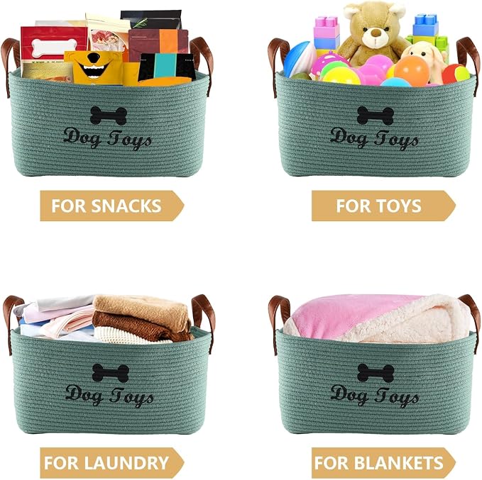 Large Dog Toy Basket, 100% Cotton Rope Dog Toy Storage Bin-Green | Dog Toy Box for Livingroom Area with Handle for organizing Pet toys,Blankets,Leashes,Pee Mats and Diapers-16.5"x10.6"x 7.5"