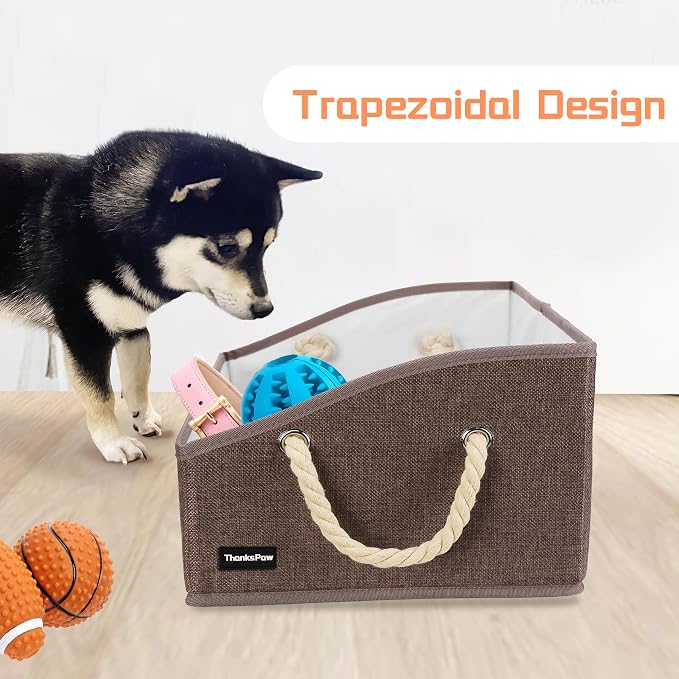 Dog Toy Basket, Storage Bin, Collapsible Box for Pet Accessories | Fabric Container With Handle, Trapezoid Holder for Small Medium dogs, Organizer for Living Room, Coffee