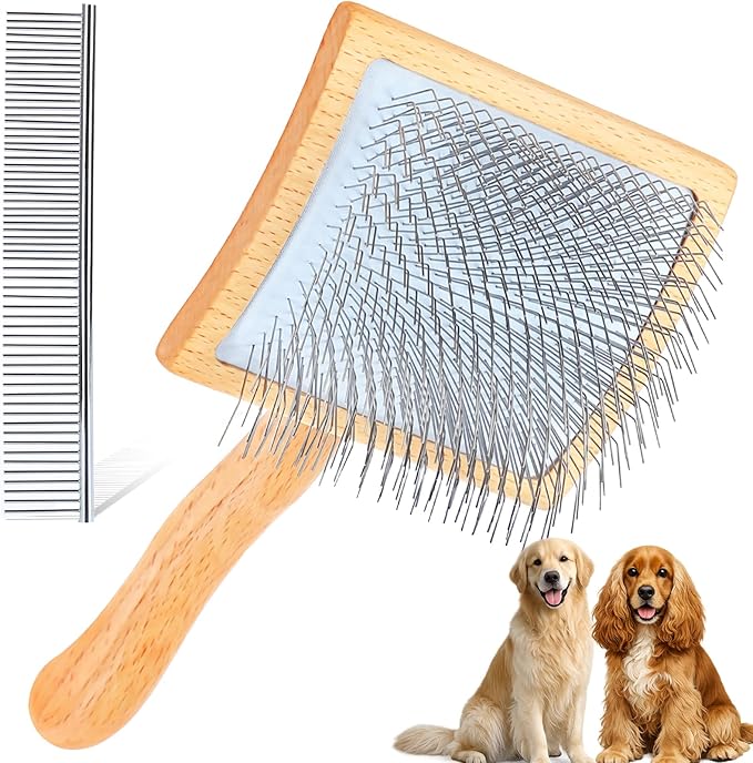 Dog Slicker Brush for Goldendoodles, Poodles & Long Haired Dogs - Long Pin Doodle Brush & Pet Comb Kit Removes Tangles Loose & Knots, Professional Grooming Tools with Wooden Handle, Natural