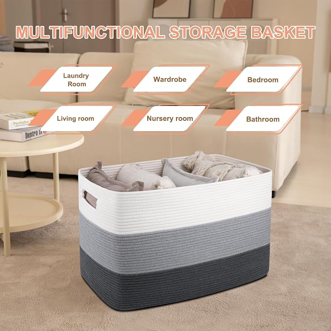 OIAHOMY 108L Extra Large Blanket Basket Dog Toy Basket radient Dark Grey | Rectangle Woven Baskets for Storage Cotton Rope Basket For Living Room Toy Storage Blanket Storage Laundry Basket