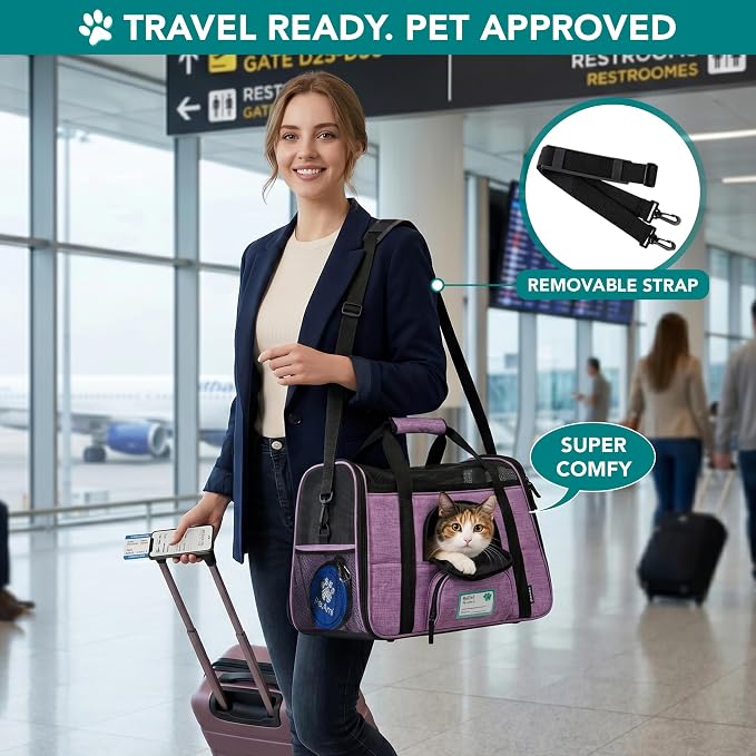 PetAmi Airline Approved Pet Carrier Cats & Small Dogs, Large Heather Purple | Soft Sided TSA Travel Bag, Sherpa Bed, Breathable Mesh Ventilation, Collapsible Bowl, Fits Under Seat, Up to 18 lbs
