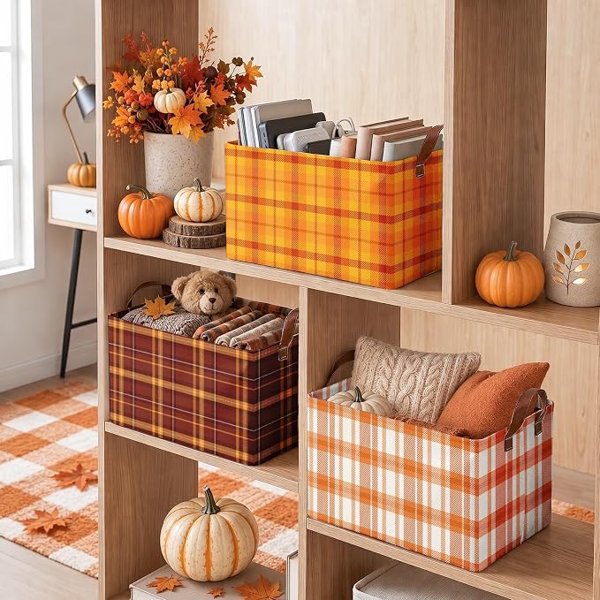 Britimes Fall Storage Baskets for Gifts, Fall Toy Storage Bins Box, 3 Pcs | Thanksgiving Autumn Orange Canvas Collapsible Baskets Organizer with Handles Nursery Decor Laundry Basket for Shelves Closet
