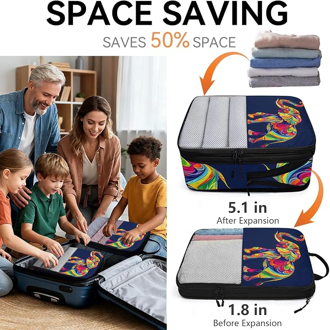 Elephant 6 Set Compression Packing Cubes Wild Animal Art Print Expandable Packing Organizer for Travel Accessories Luggage Suitcase Bag