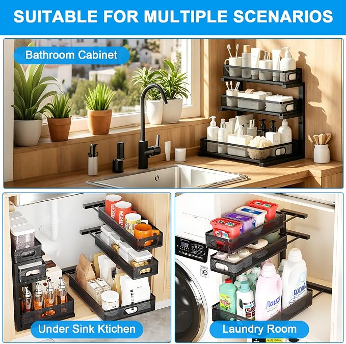 Under Sink Organizer,3-Tier Thickened Metal Pull out Cabinet OrganizerShelf | Height Adjustable Slide out Storage Drawer Rack for under sink organizer bathroom Kitchen,Laundry Room & Pantry
