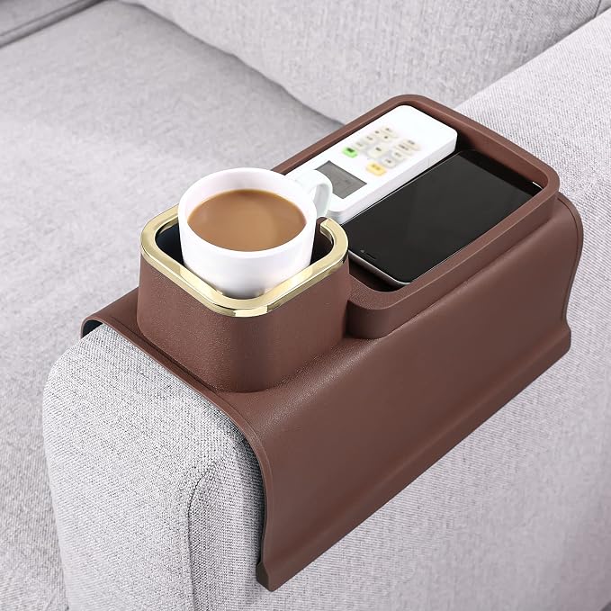 HMASYO Couch Cup Holder Tray – Weighted Silicone Sofa Armrest Organizer Table with Anti-Spill Coaster, Easy Reach for Drink, Snacks, Remote & Phone, Non-Slip Base, Easy Clean